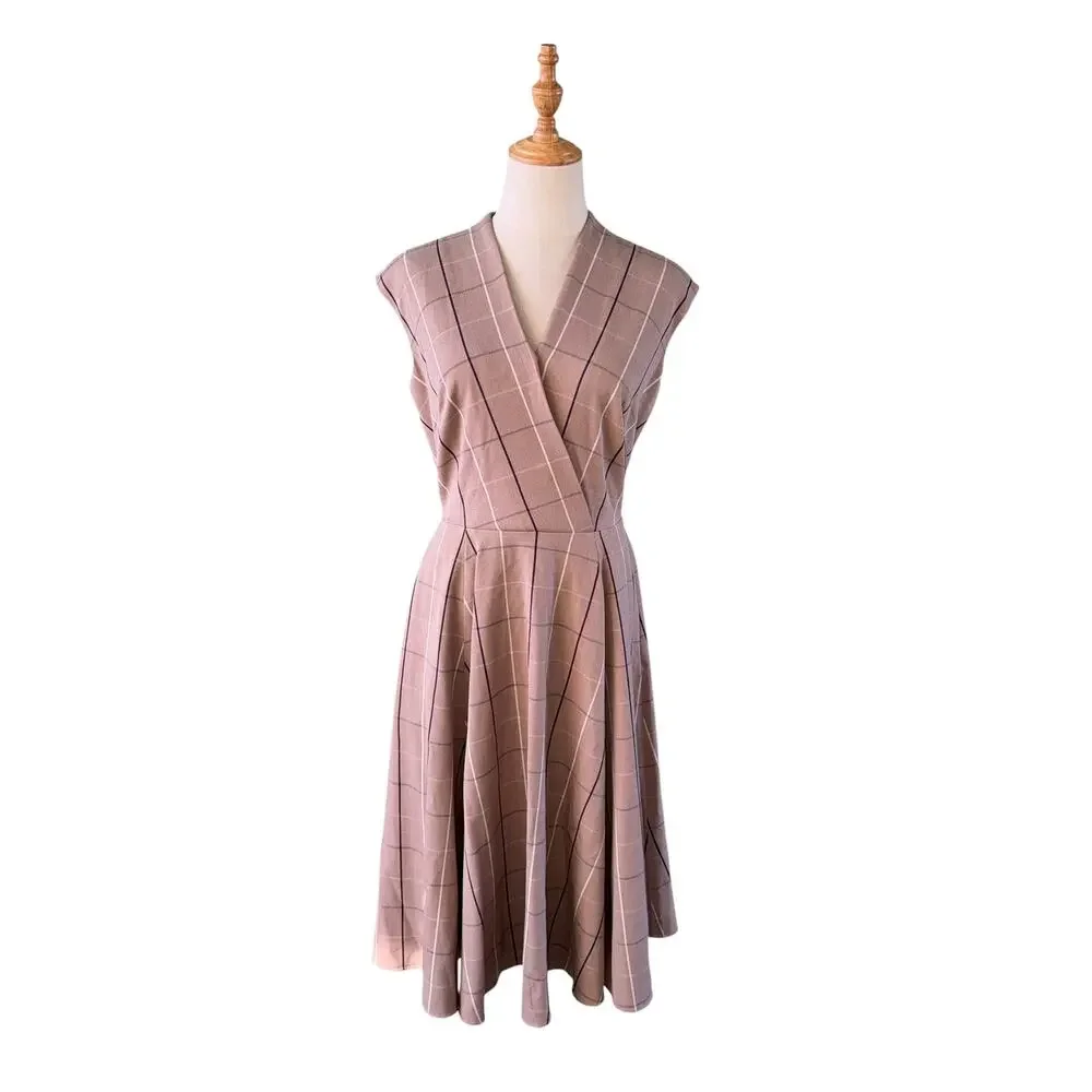NWT Gal Meets Glam Eva Windowpane Plaid Elegant Beige Mult Dress Size 4 Preppy - Picture 5 of 12